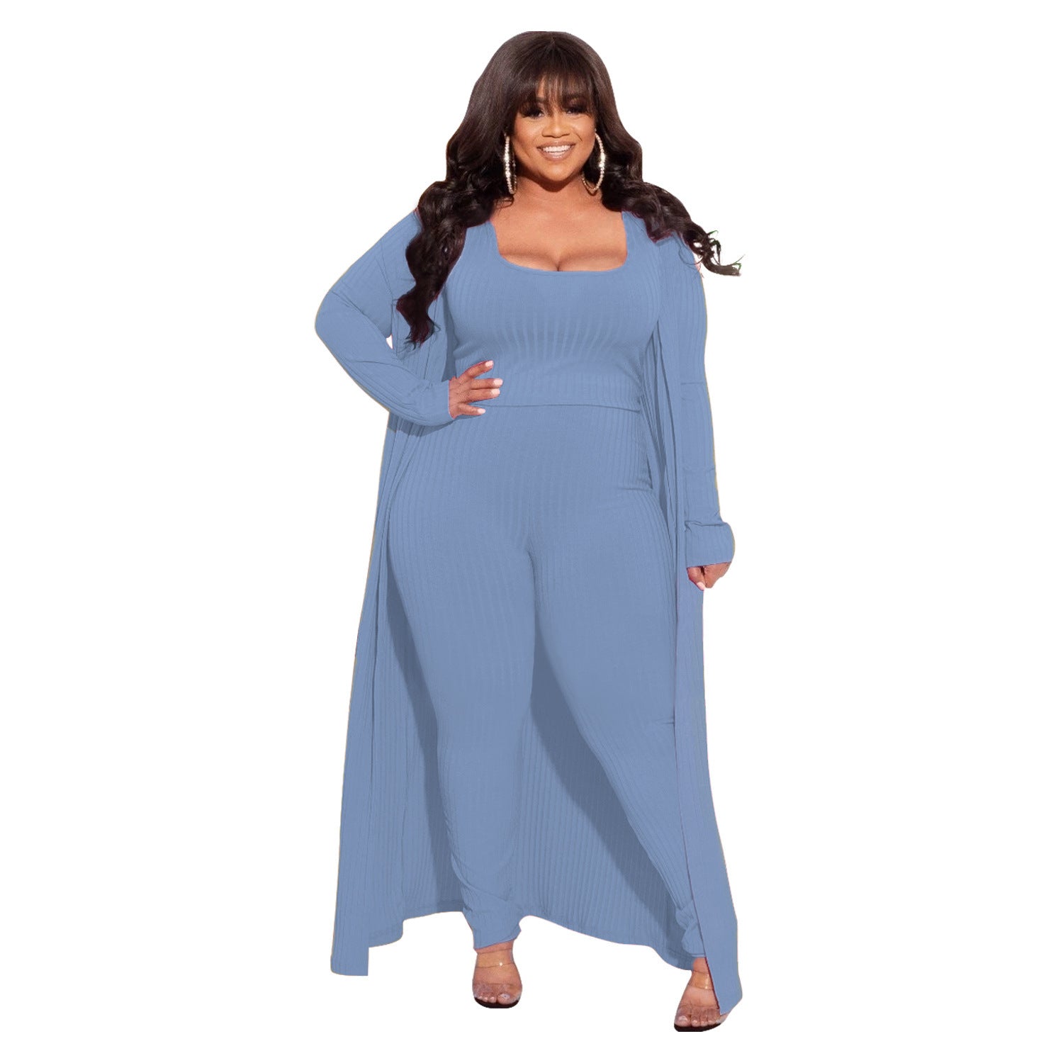Plus Size Autumn Winter High Elastic Sunken Stripe Three Piece Sexy Suit