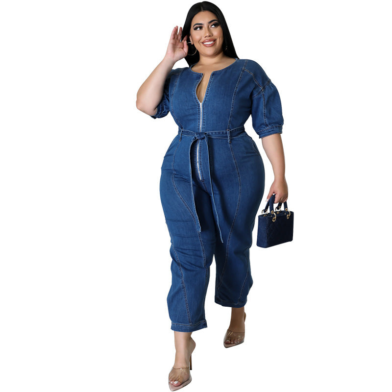 Plus Size Women Clothing Summer Short Sleeve Zipper Wash Denim Jumpsuit