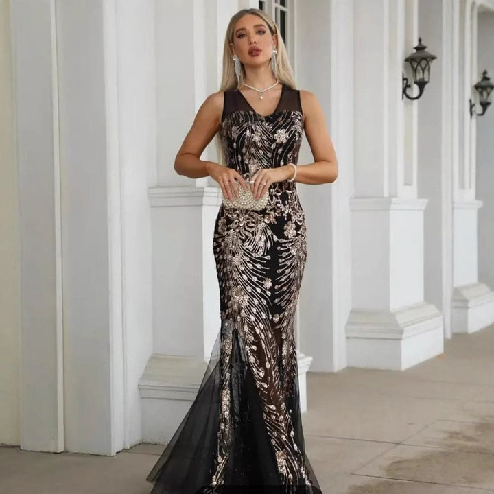 Short Sleeve Dress Women Sleeveless Sequined Mesh Fishtail Evening Dress