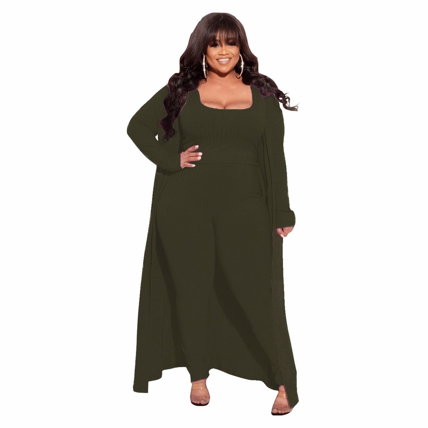 Plus Size Autumn Winter High Elastic Sunken Stripe Three Piece Sexy Suit