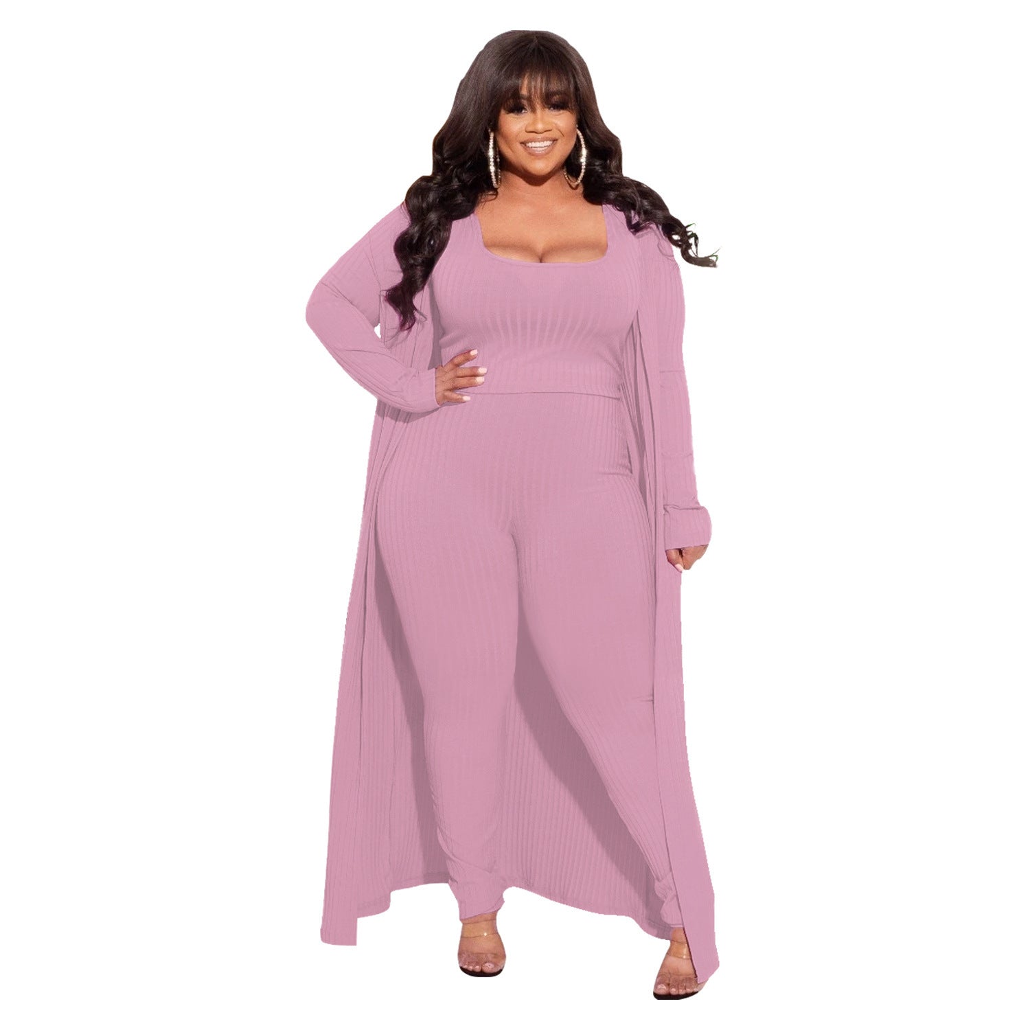 Plus Size Autumn Winter High Elastic Sunken Stripe Three Piece Sexy Suit