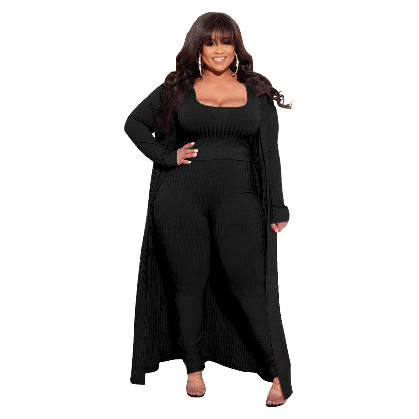Plus Size Autumn Winter High Elastic Sunken Stripe Three Piece Sexy Suit