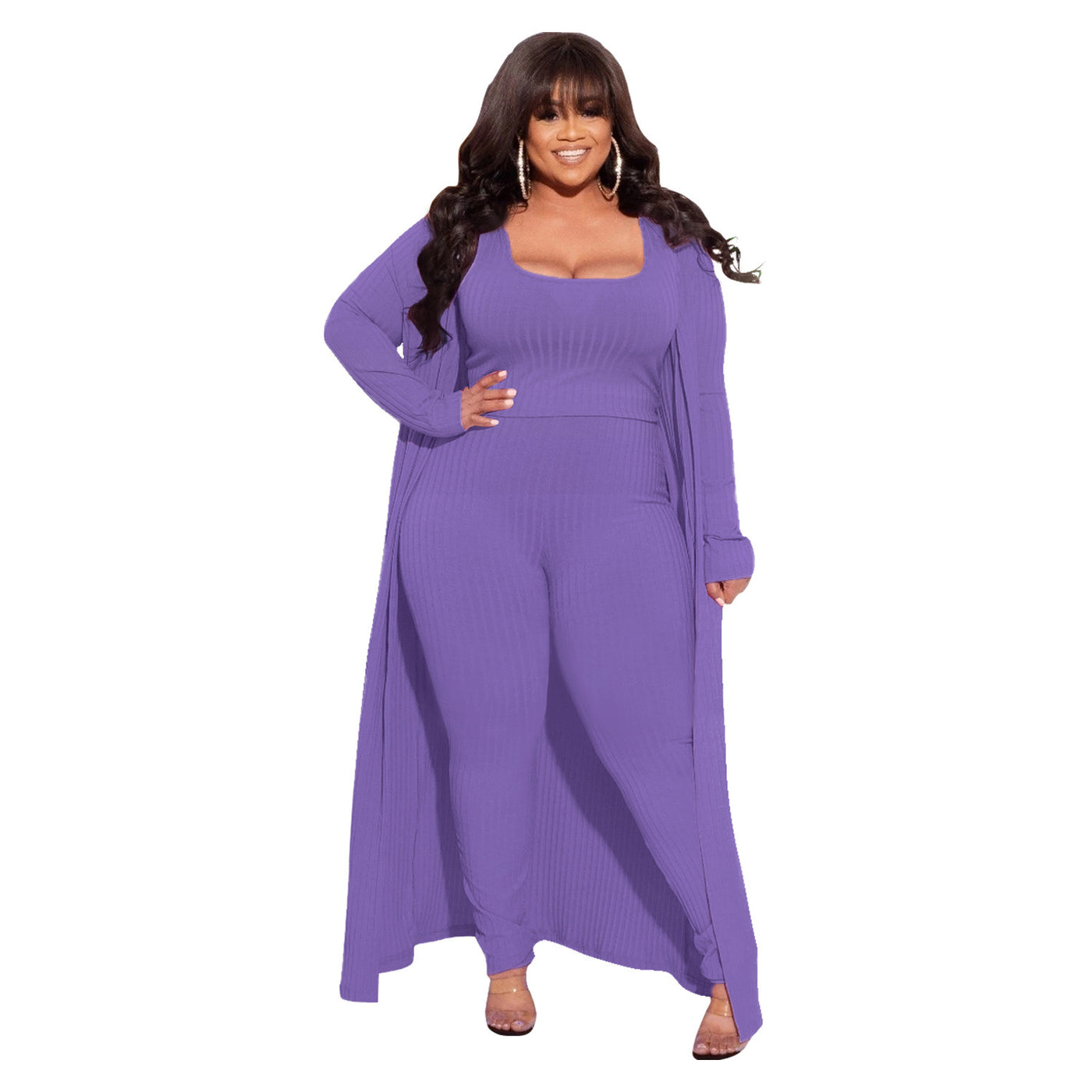Plus Size Autumn Winter High Elastic Sunken Stripe Three Piece Sexy Suit