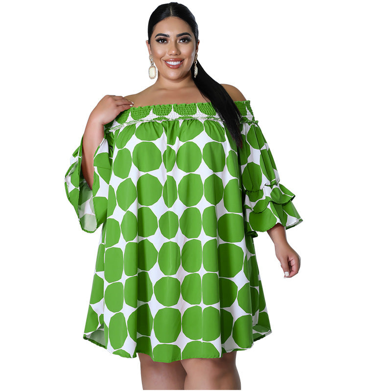 Plus Size Women Clothes Short Sleeve off Neck Elastic Printed Polka Dot Dress