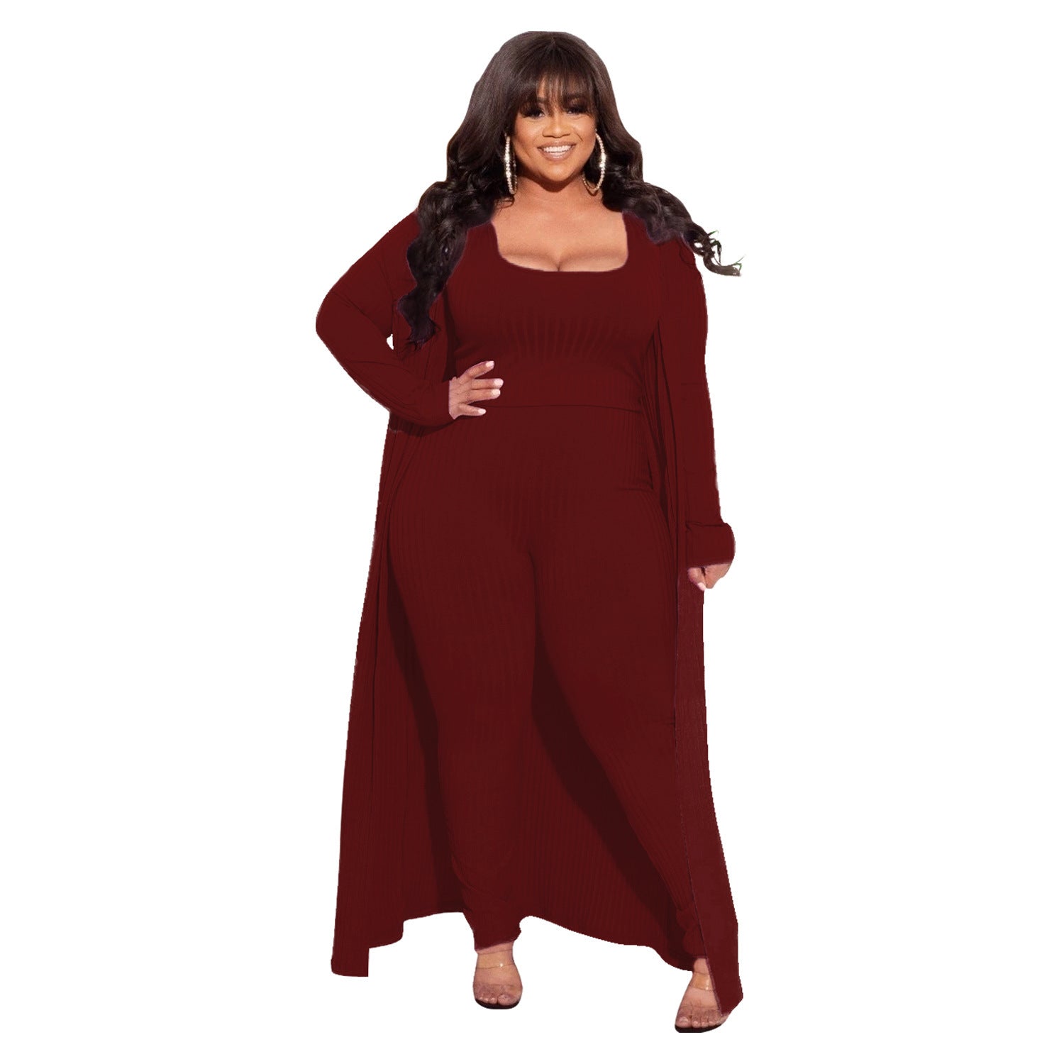 Plus Size Autumn Winter High Elastic Sunken Stripe Three Piece Sexy Suit