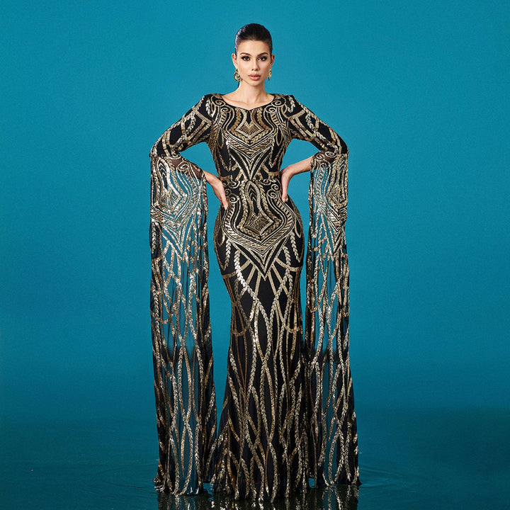 Women Clothing High End Long Sleeved round Neck Slim Fit Sheath Sequined Cocktail Fishtail Evening Dress
