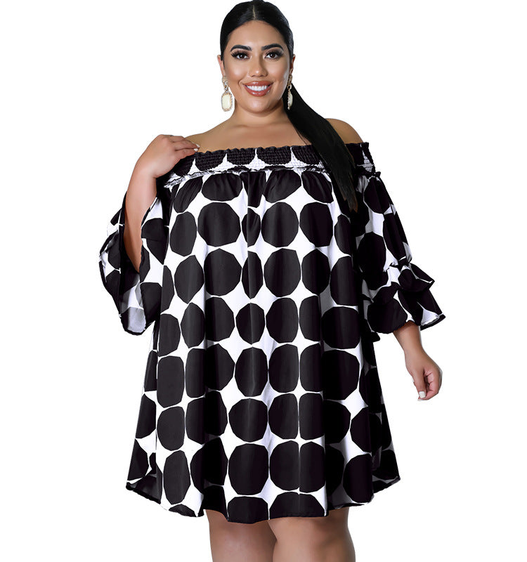 Plus Size Women Clothes Short Sleeve off Neck Elastic Printed Polka Dot Dress