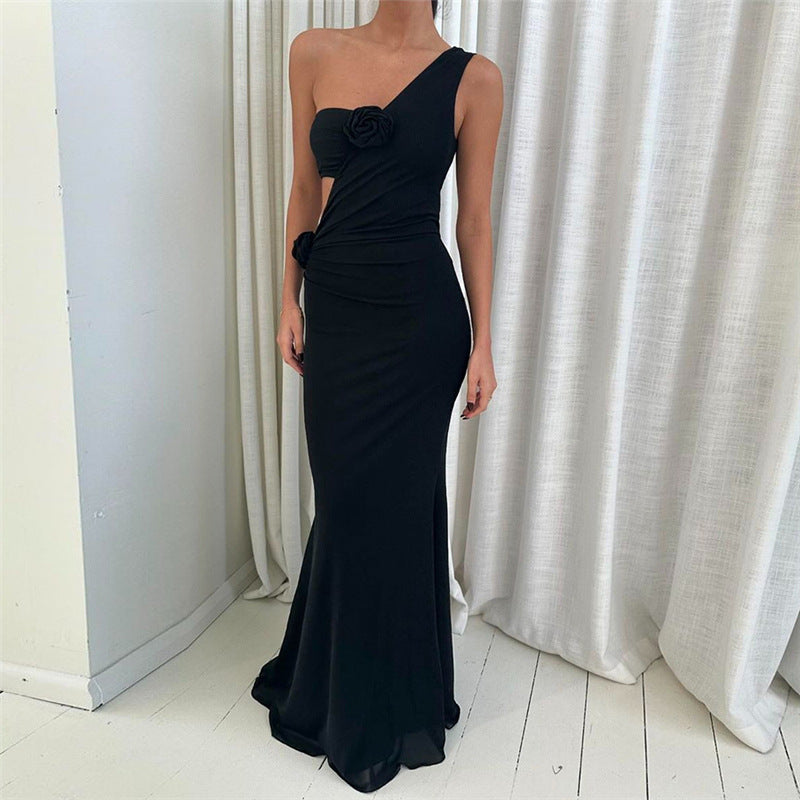 Spring Women Clothing Sexy Oblique Shoulder Hollow Out Cutout Slim Slimming Floral Decoration Solid Color Dress Women