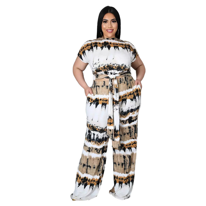 Plus Size Women  Clothes Printed Lace up Double Pocket Comfortable Wide Leg Pants Two-Piece Set