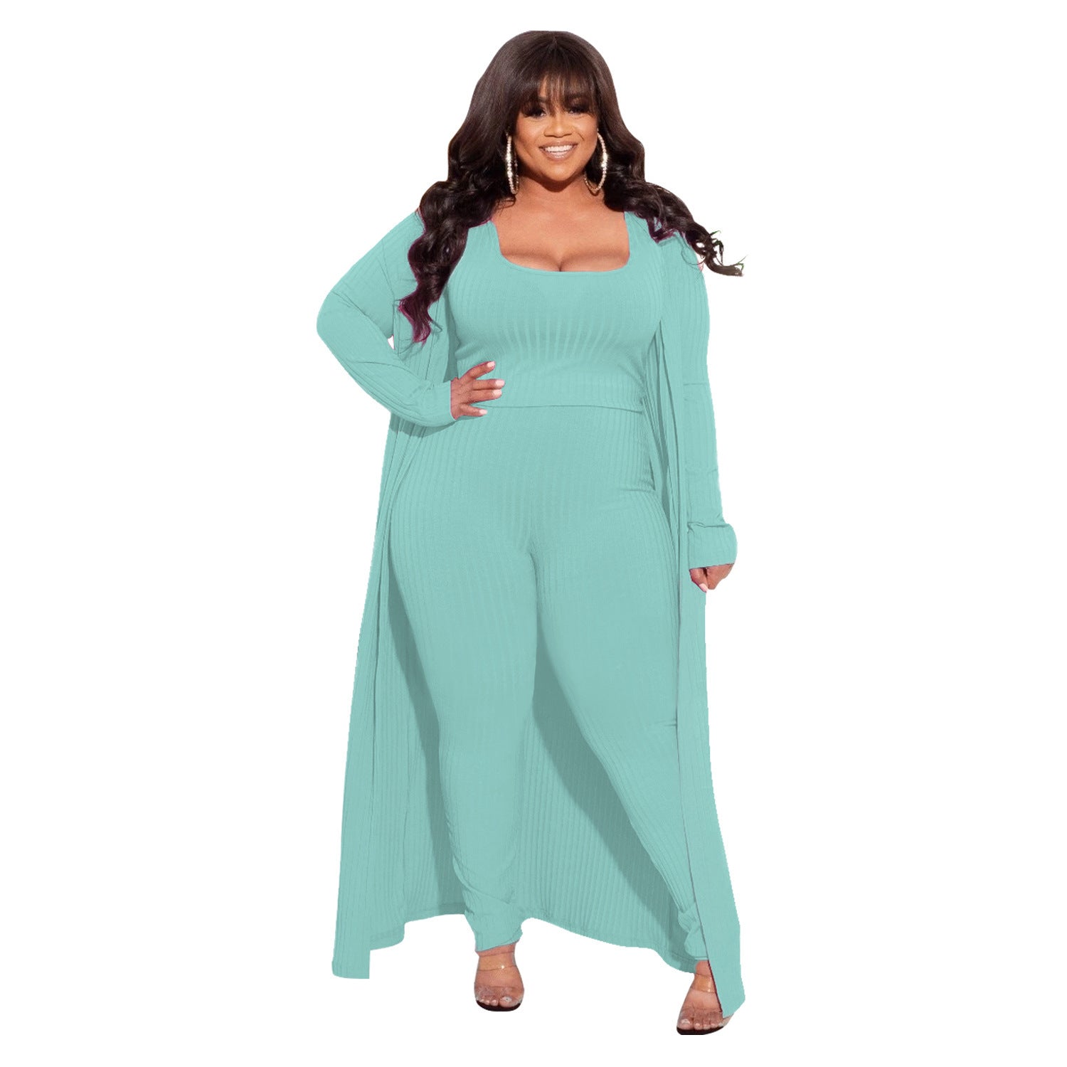 Plus Size Autumn Winter High Elastic Sunken Stripe Three Piece Sexy Suit