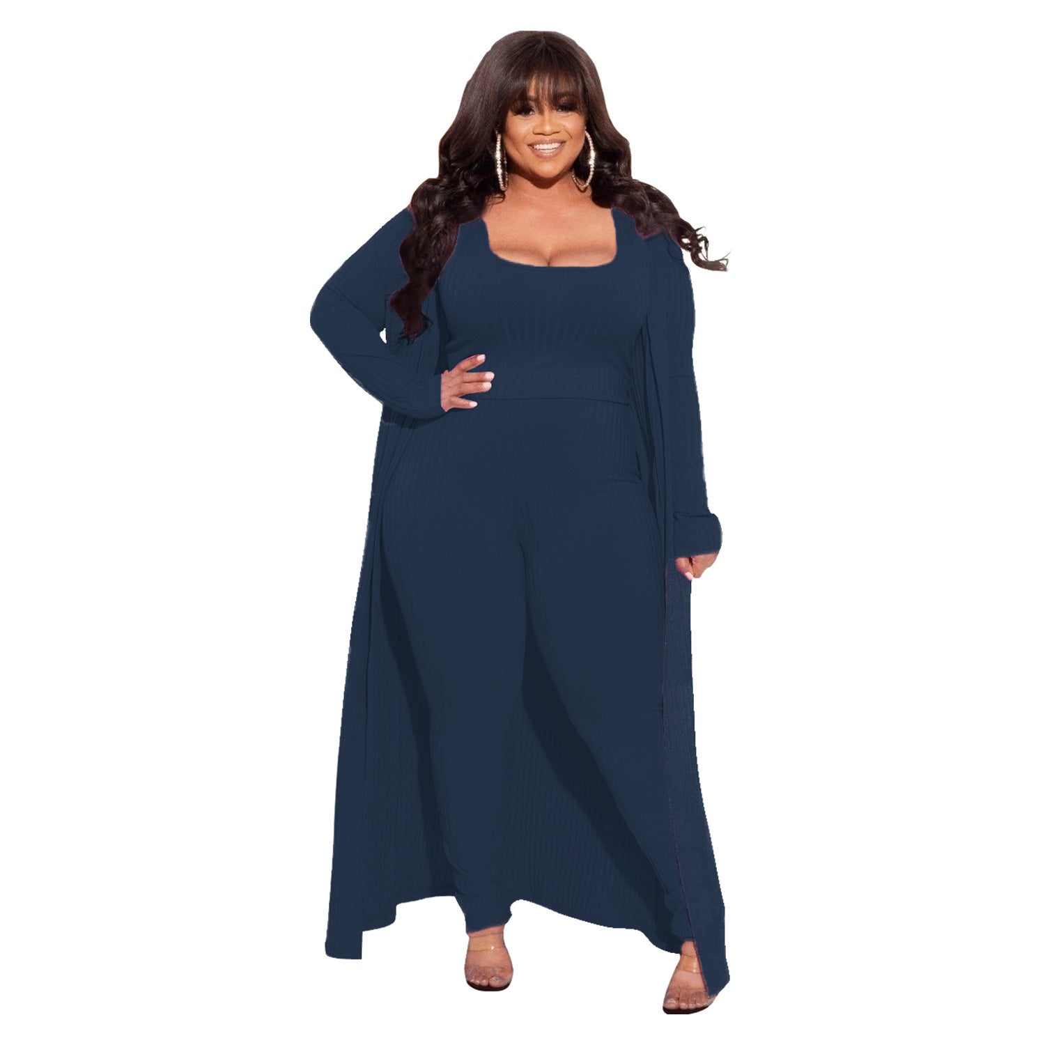 Plus Size Autumn Winter High Elastic Sunken Stripe Three Piece Sexy Suit