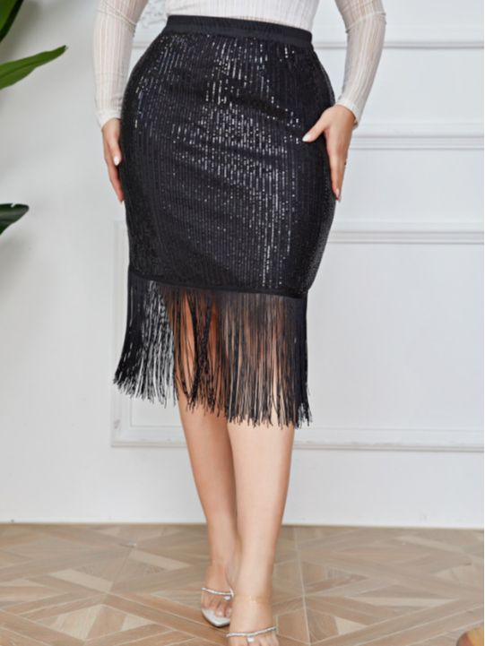 Plus Size High Waist Retro Office Sheath Sequined Tassel Skirt