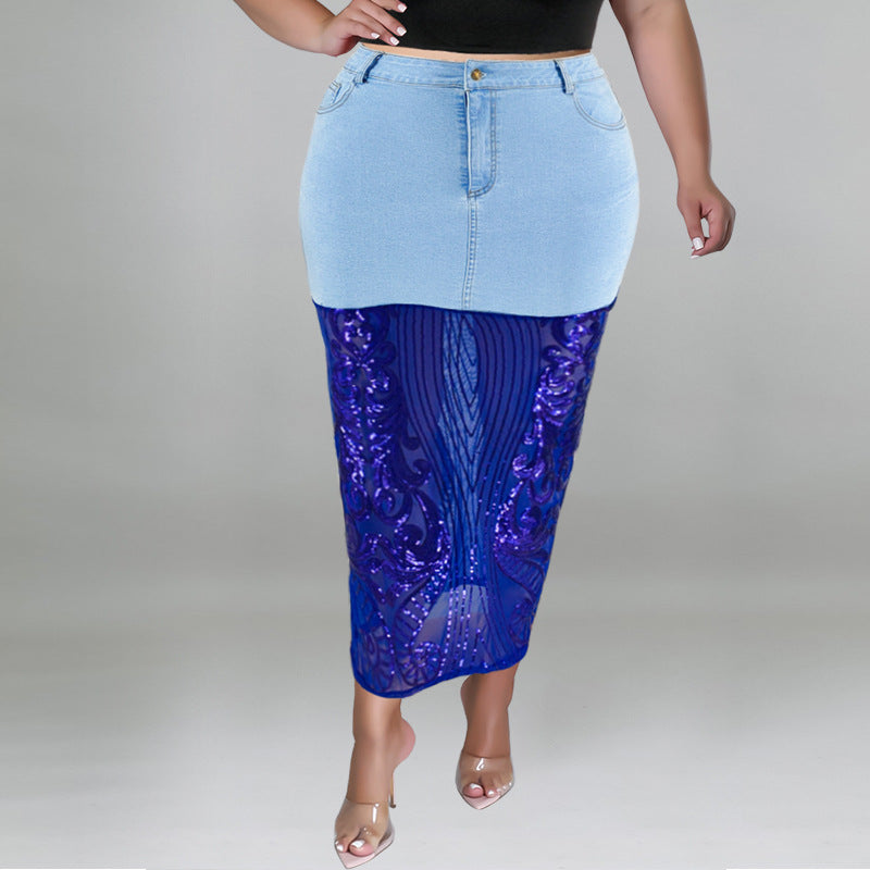 Plus Size Women Clothes Washed Denim Sequin T-shirt Set Sexy Half Waist Skirt