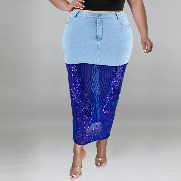 Plus Size Women Clothes Washed Denim Sequin T-shirt Set Sexy Half Waist Skirt