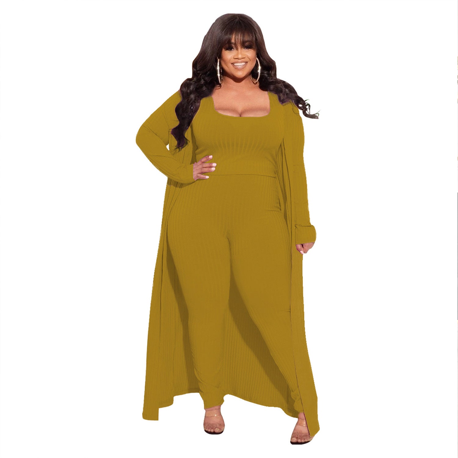 Plus Size Autumn Winter High Elastic Sunken Stripe Three Piece Sexy Suit