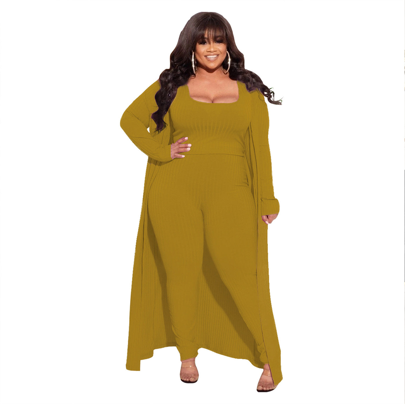 Plus Size Autumn Winter High Elastic Sunken Stripe Three Piece Sexy Suit