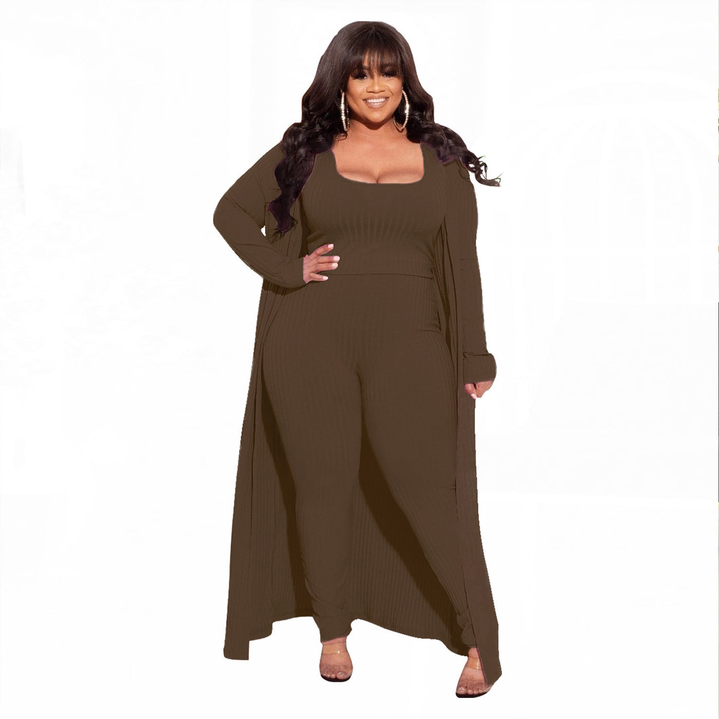 Plus Size Autumn Winter High Elastic Sunken Stripe Three Piece Sexy Suit