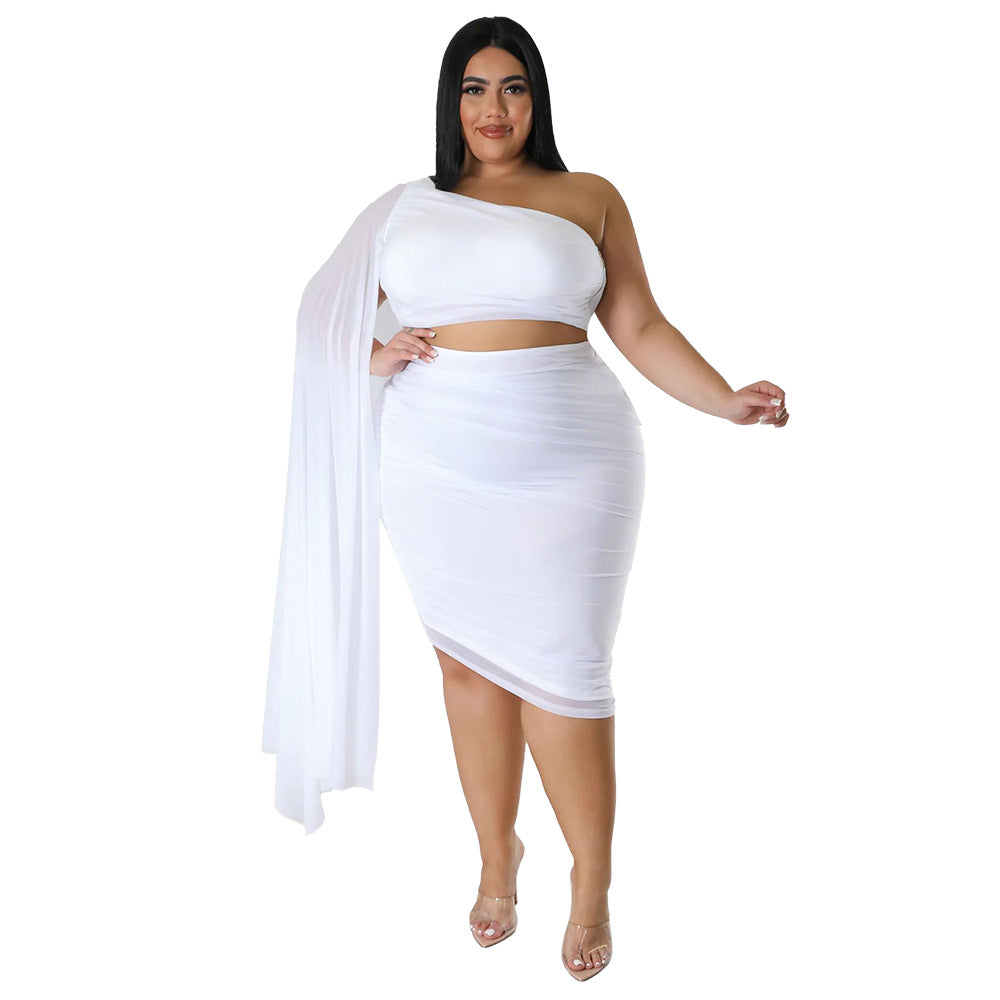 Plus Size  Women Wear High Elastic Diagonal Collar Long Train Sleeve Wrinkle Two Piece Set