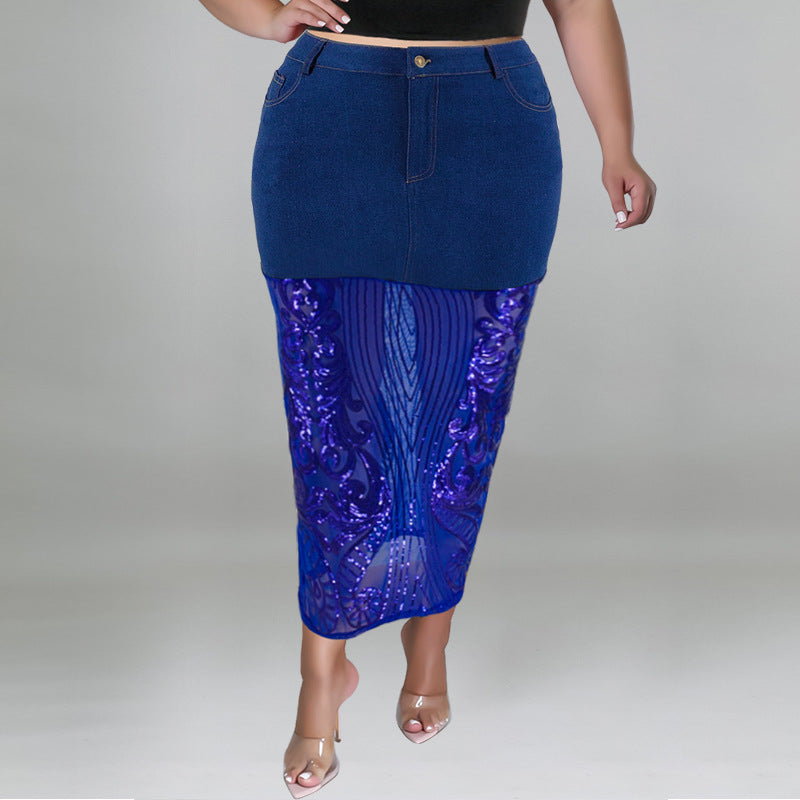 Plus Size Women Clothes Washed Denim Sequin T-shirt Set Sexy Half Waist Skirt