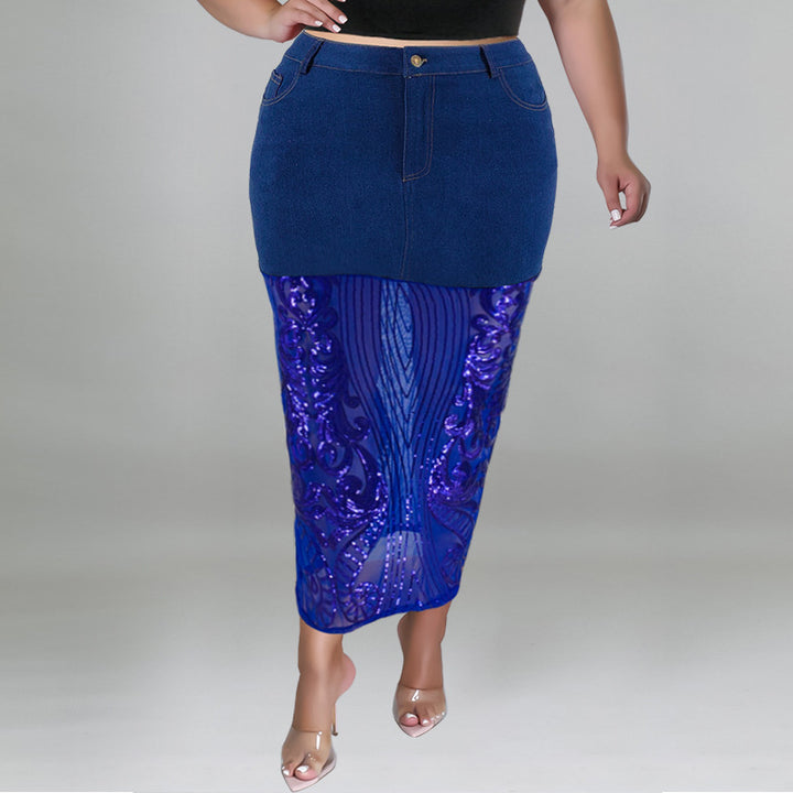Plus Size Women Clothes Washed Denim Sequin T-shirt Set Sexy Half Waist Skirt