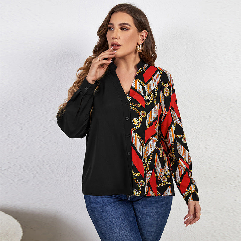 Plus Size Loose Women Long-Sleeved Printed Top