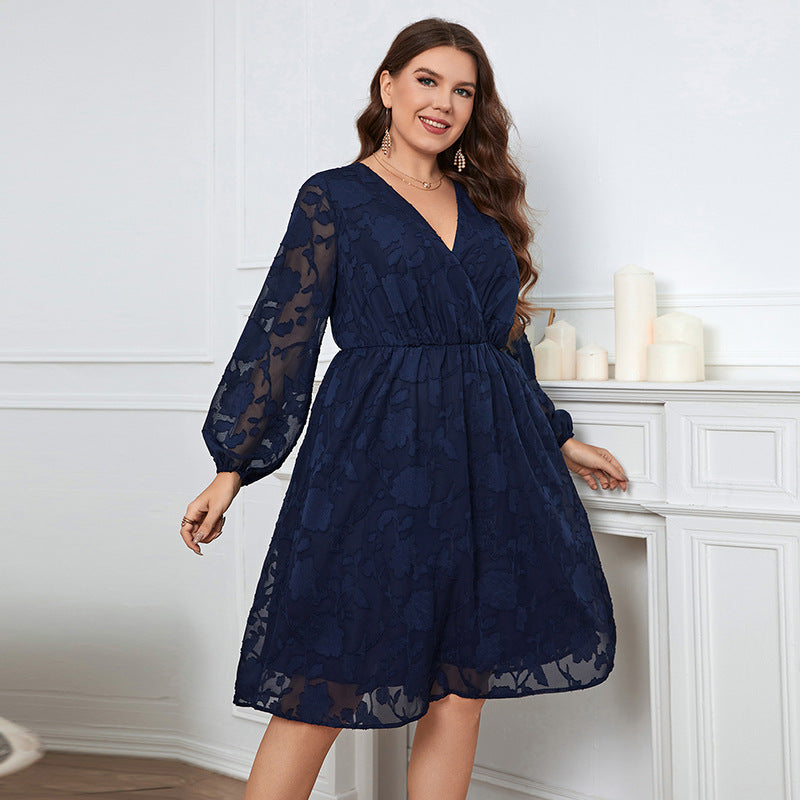 Plus Size Printing Patchwork Puff Sleeve V neck Dress