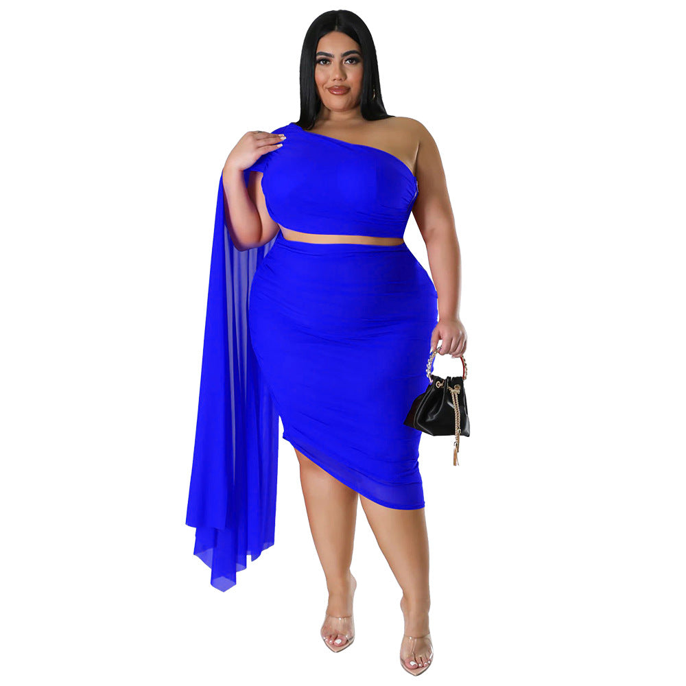 Plus Size  Women Wear High Elastic Diagonal Collar Long Train Sleeve Wrinkle Two Piece Set