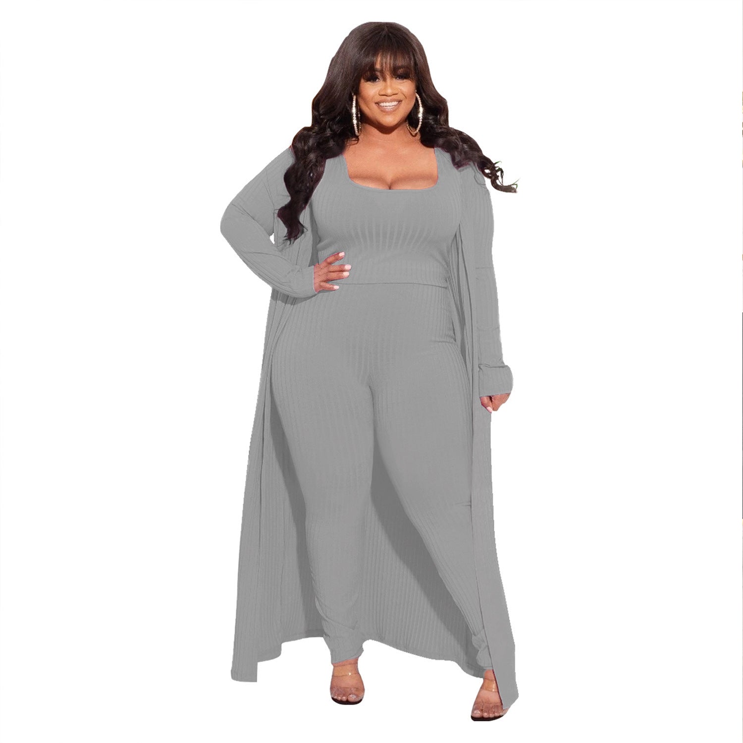 Plus Size Autumn Winter High Elastic Sunken Stripe Three Piece Sexy Suit