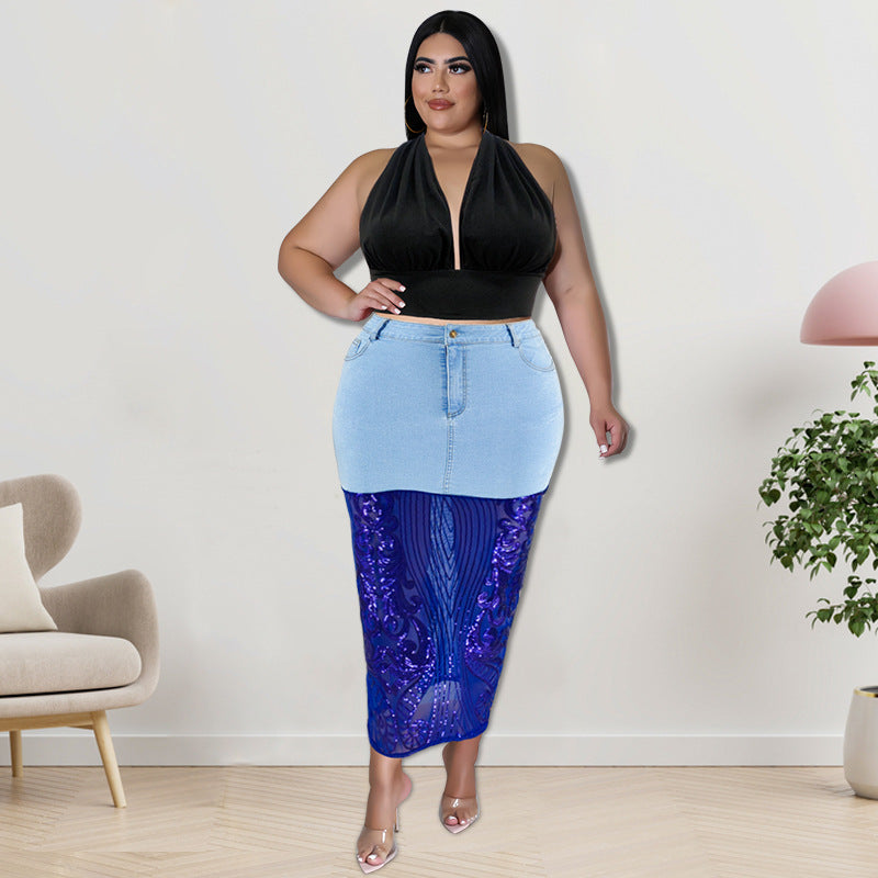 Plus Size Women Clothes Washed Denim Sequin T-shirt Set Sexy Half Waist Skirt