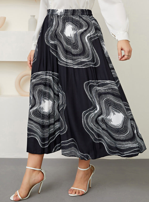 Plus Size  Skirt High Waist Retro Office Sheath Printed Pleated Skirt