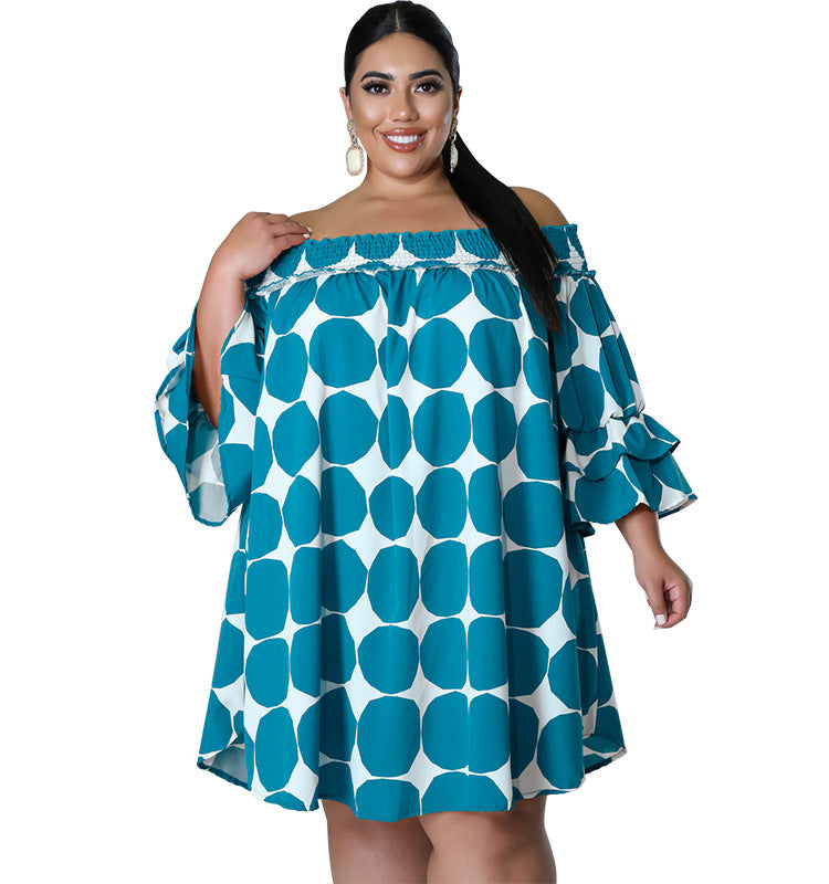 Plus Size Women Clothes Short Sleeve off Neck Elastic Printed Polka Dot Dress