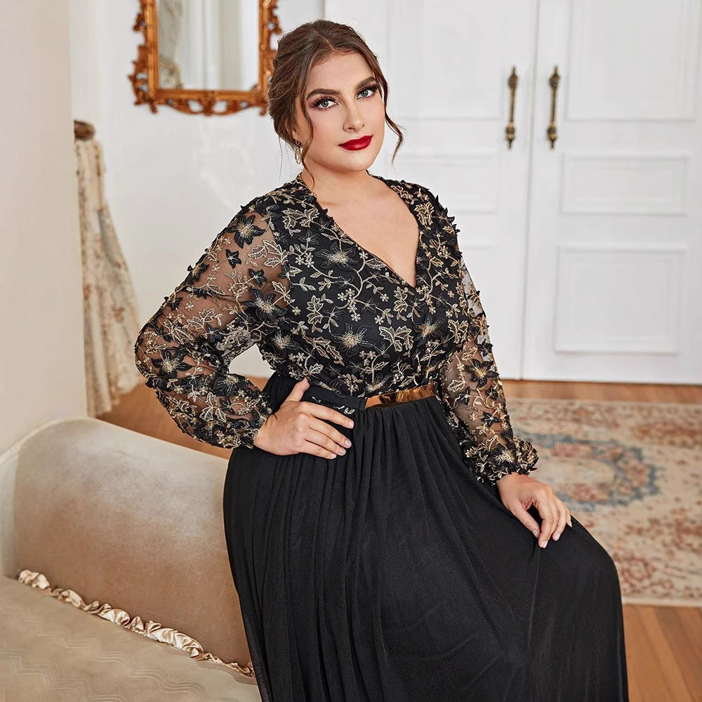 Women Dress V neck Black Panel Long A Line Maxi Dress