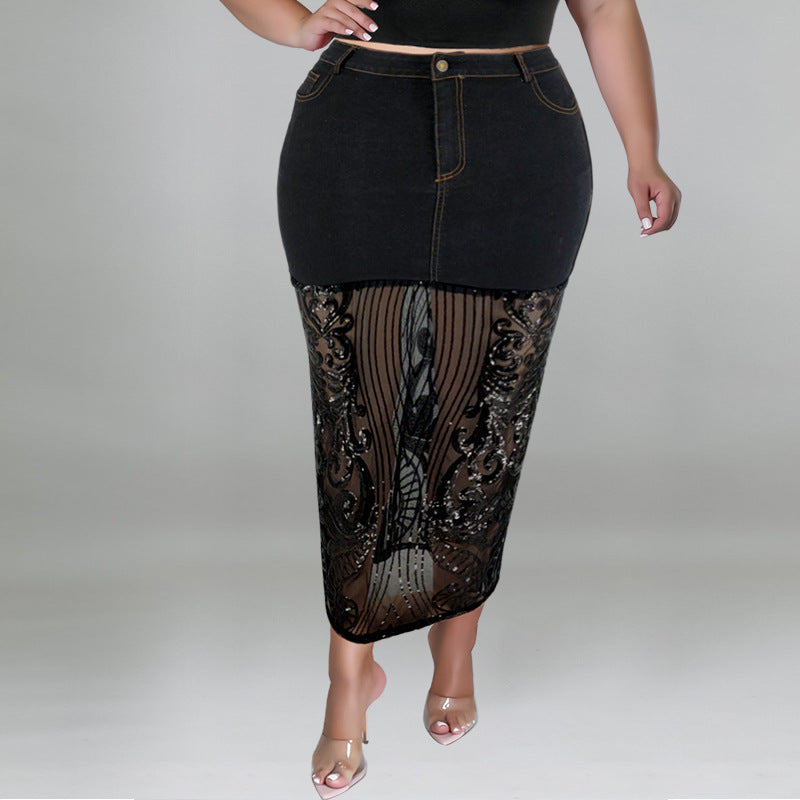 Plus Size Women Clothes Washed Denim Sequin T-shirt Set Sexy Half Waist Skirt
