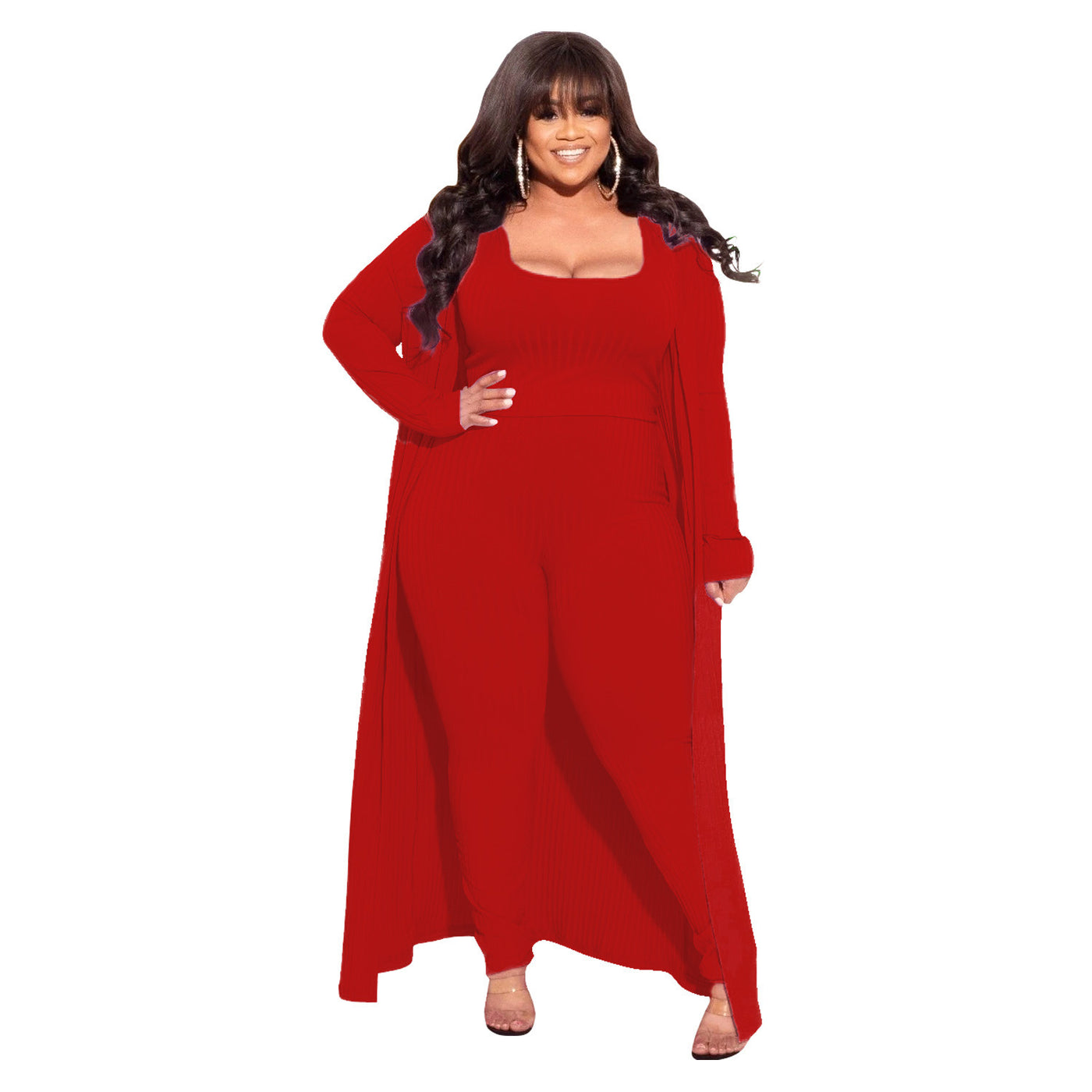 Plus Size Autumn Winter High Elastic Sunken Stripe Three Piece Sexy Suit