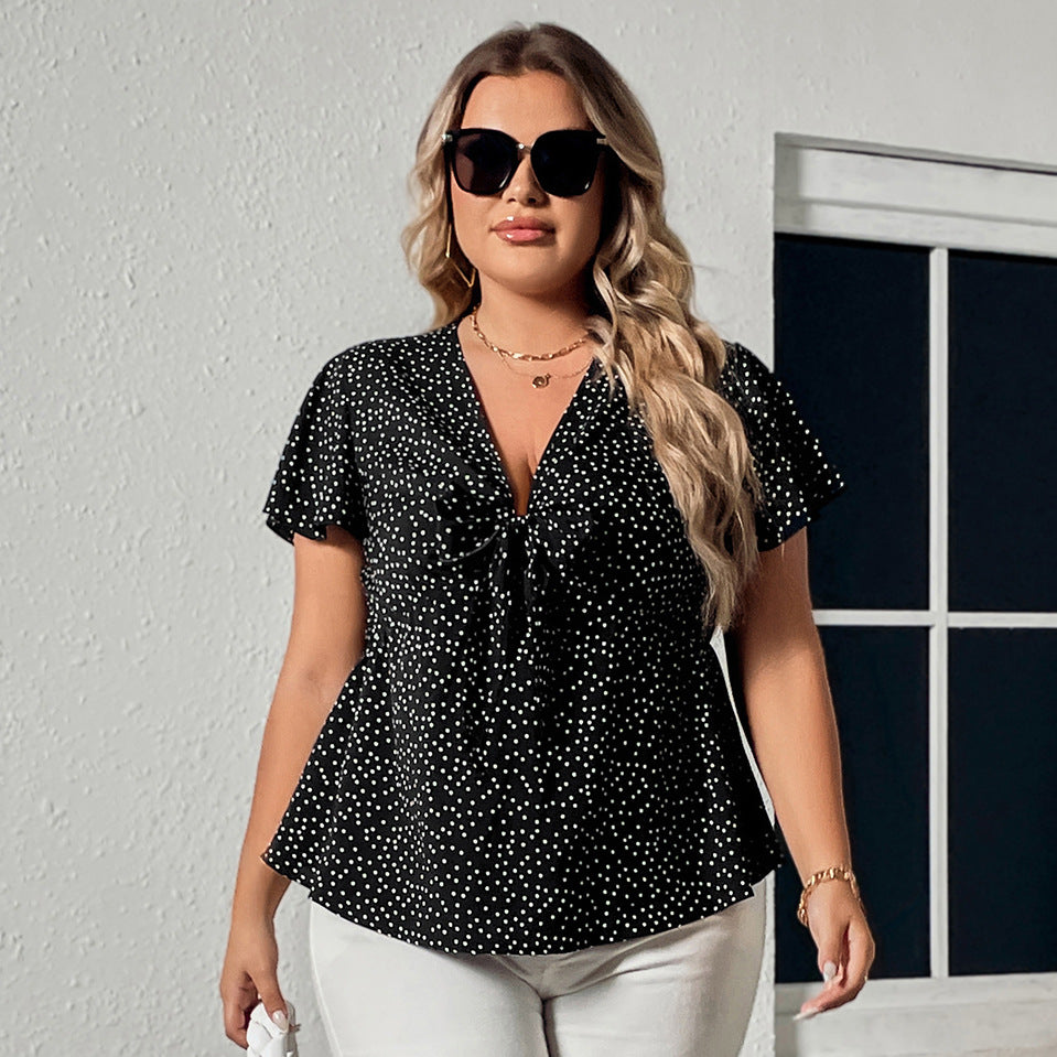 Plus Size Loose Women Deep V Plunge Fitted Waist Polka Dots Printed Women  Top