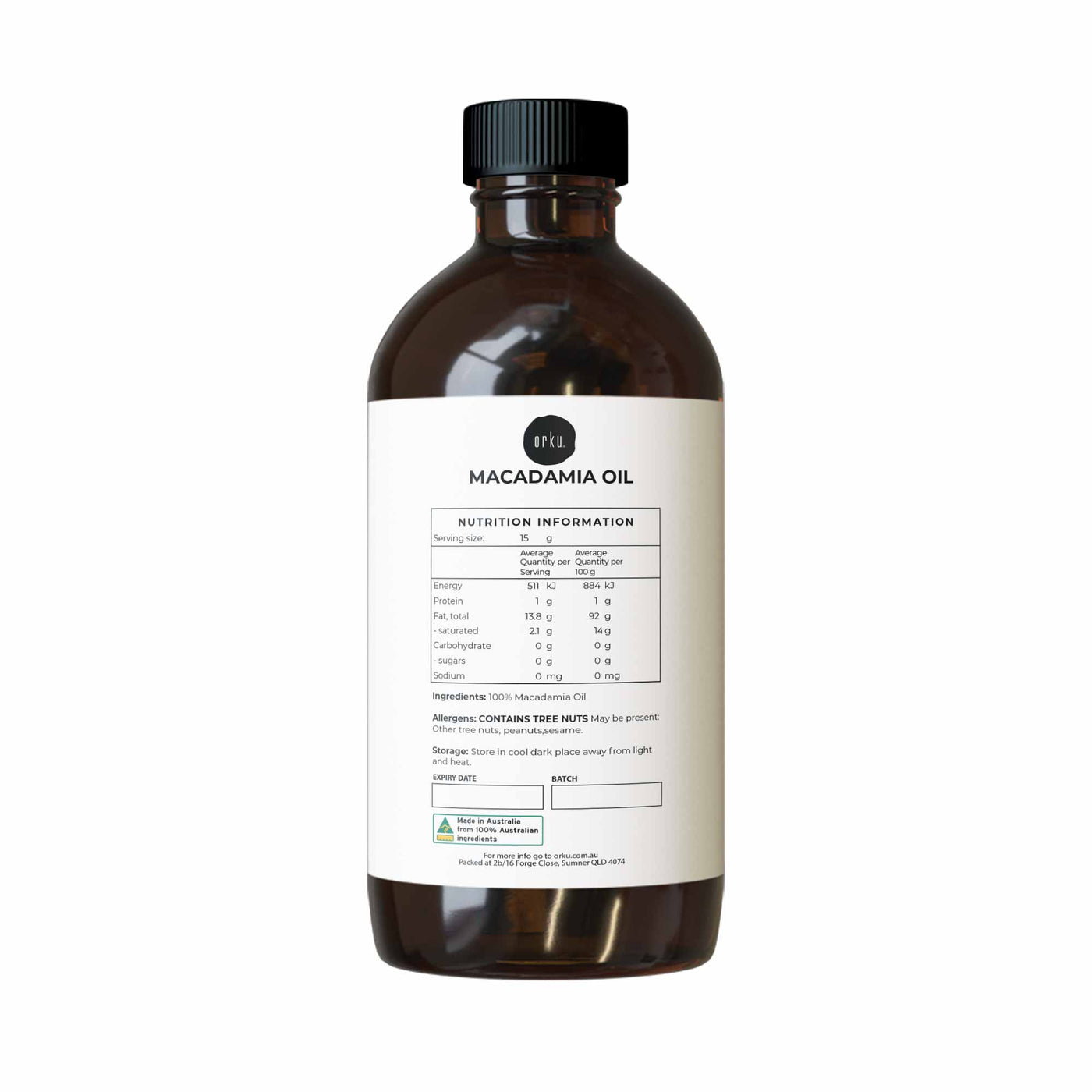 1L Orku Macadamia Nut Oil - Natural Cold Pressed Food Grade Pure Cooking Oils