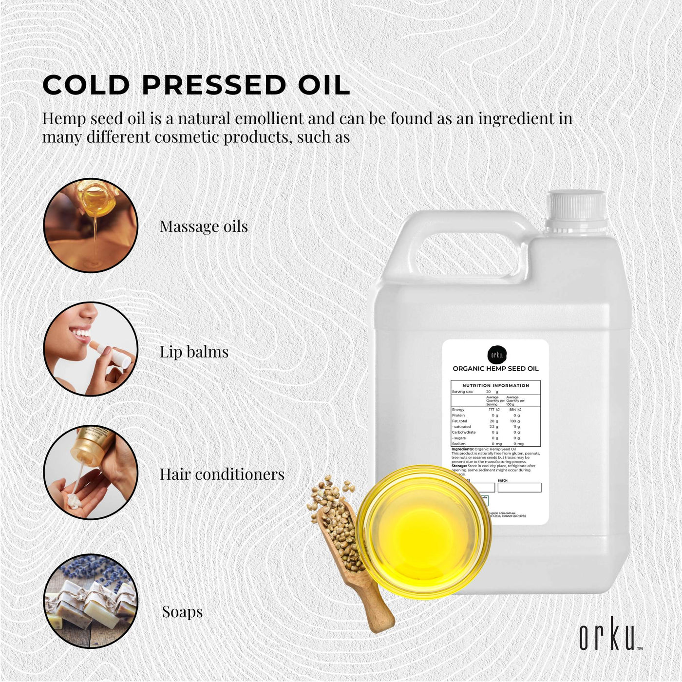 Orku 5L Organic Hemp Seed Oil - Cold Pressed Food Grade Oils