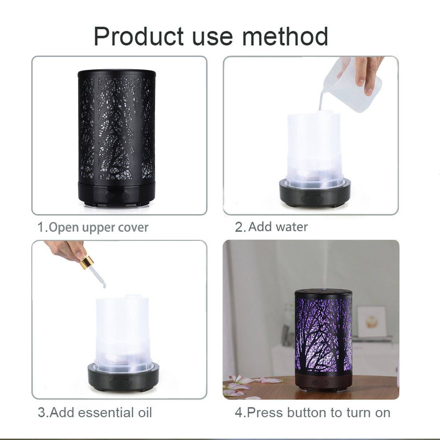 Coffee and Black Forest Design Iron Essential Oil Diffuser - 7 Color LED Ultrasonic Cool Mist Humidifier 100ml