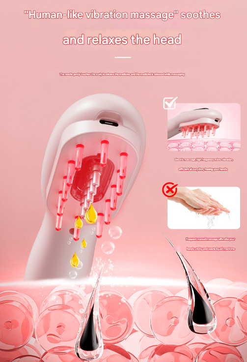 Pink Rechargeable Electric Scalp Massager with Red & Blue Light Therapy - Hair Oil & Serum Applicator Comb(Not containing essential oils)