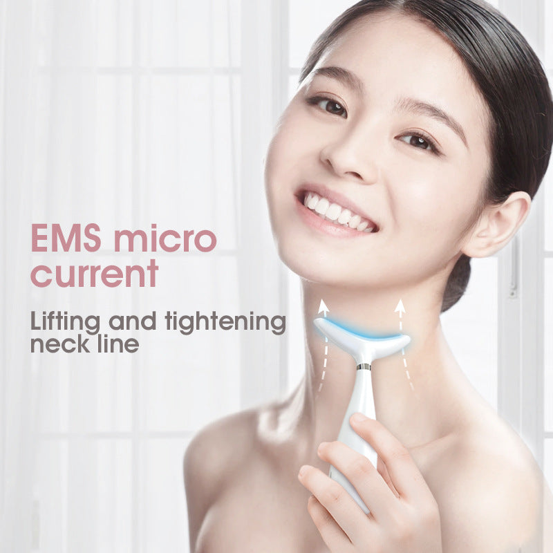 Multi-Functional Neck & Face Beauty Massager - LED Light Therapy, 45C Heat, EMS Micro-Current & Vibration(White)