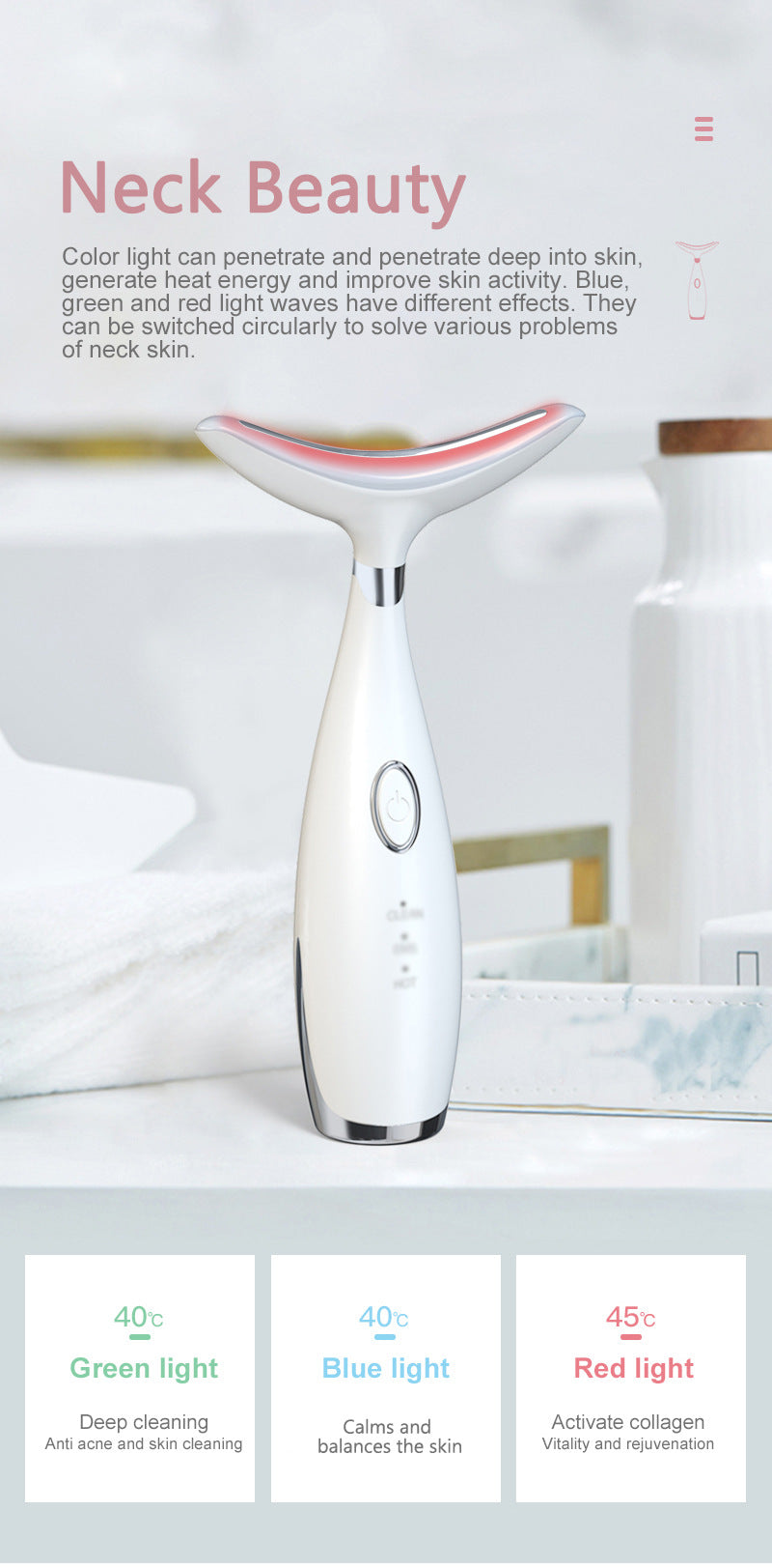 Multi-Functional Neck & Face Beauty Massager - LED Light Therapy, 45C Heat, EMS Micro-Current & Vibration(White)