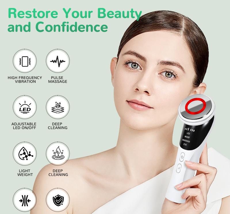 White Multifunctional Facial Beauty Wand with LED Photon Therapy, Hot Compress & Sonic Vibration(White)
