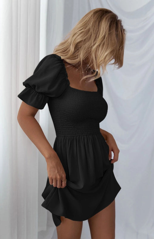 Women's Puff Sleeve Short Sleeve Solid Color Dress kakaclo