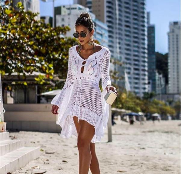 Hollow out Knitted Dress Bell Sleeve Beach Jacket Sexy Beach Cover Up Sun Protection Clothing Swimsuit Outwear