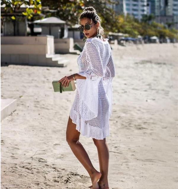 Hollow out Knitted Dress Bell Sleeve Beach Jacket Sexy Beach Cover Up Sun Protection Clothing Swimsuit Outwear