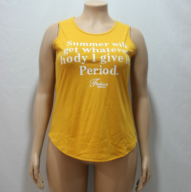 Plus Size Summer Casual Women Orange Sleeveless Letter Graphic Printed T-shirt