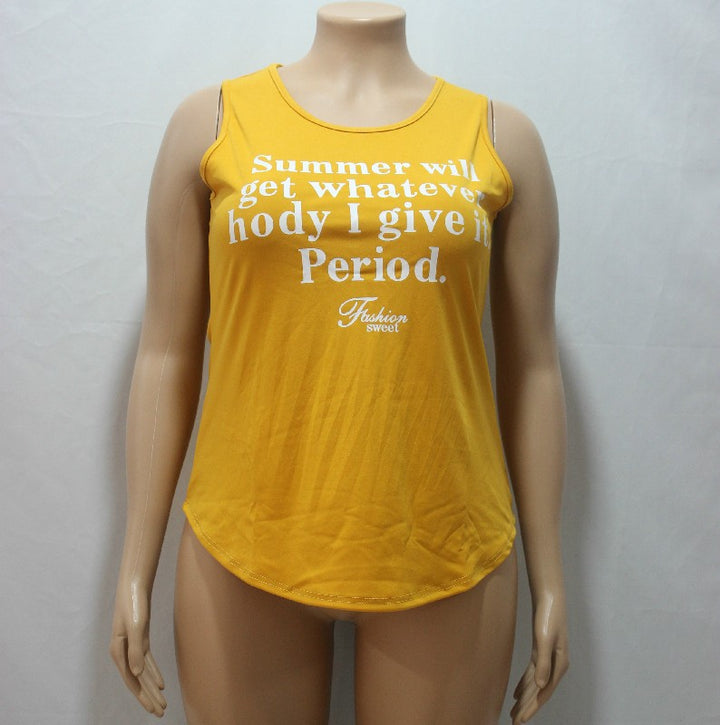 Plus Size Summer Casual Women Orange Sleeveless Letter Graphic Printed T-shirt