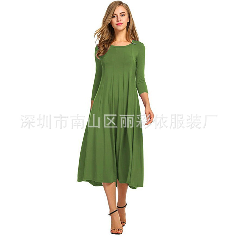 Round neck middle sleeve solid color large swing dress