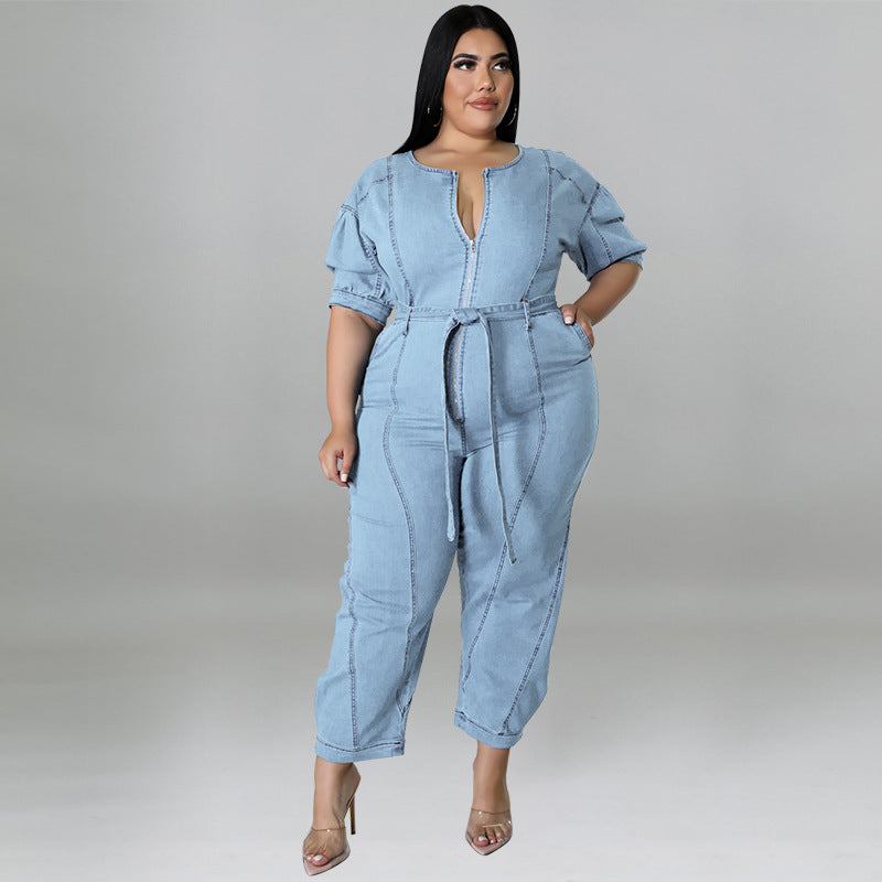 Plus Size Women Clothing Summer Short Sleeve Zipper Wash Denim Jumpsuit