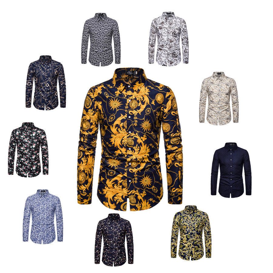 Color print men's shirt European and American casual large size long-sleeved shirt Rswank